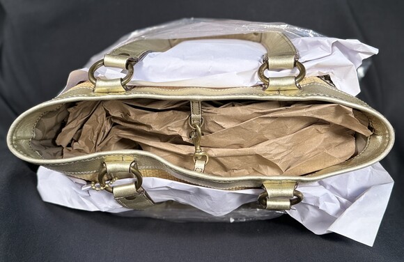 Coach Legacy Straw & Leather Satchel Tote Handbag Metallic Gold Cream M05K-113 - Picture 13 of 16